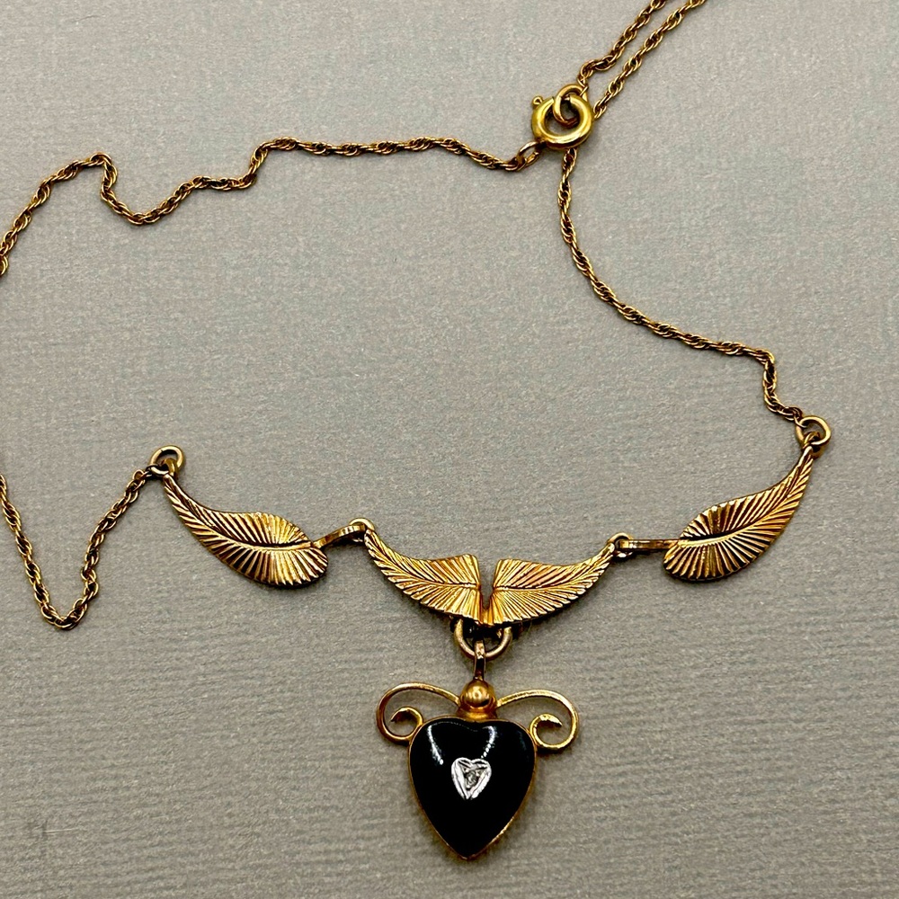 Estate GF detailed leaf and heart necklace